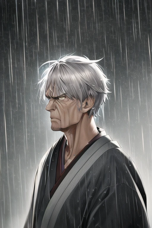 [NovelAI] short hair angry Masterpiece elderly man kimono rain [Illustration]